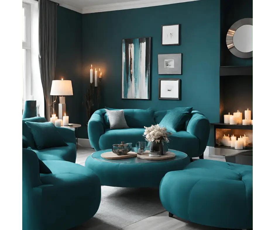 a modern lounge with teal walls and settees and a range of burning scented candles for home